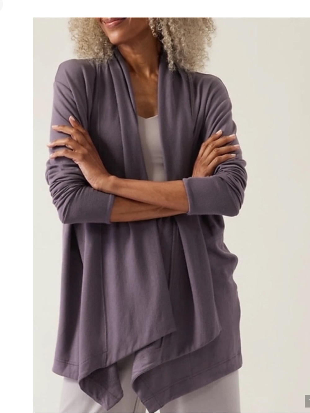 Athleta Pranayama Wrap Cardigan Size L Lavender Gray Modal Open Front